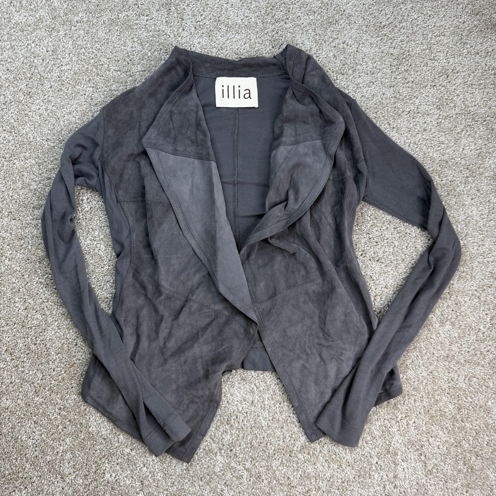 Illia Jacket Womens 0 Gray Leather Knit Open Front Draped Waterfall Hem Short